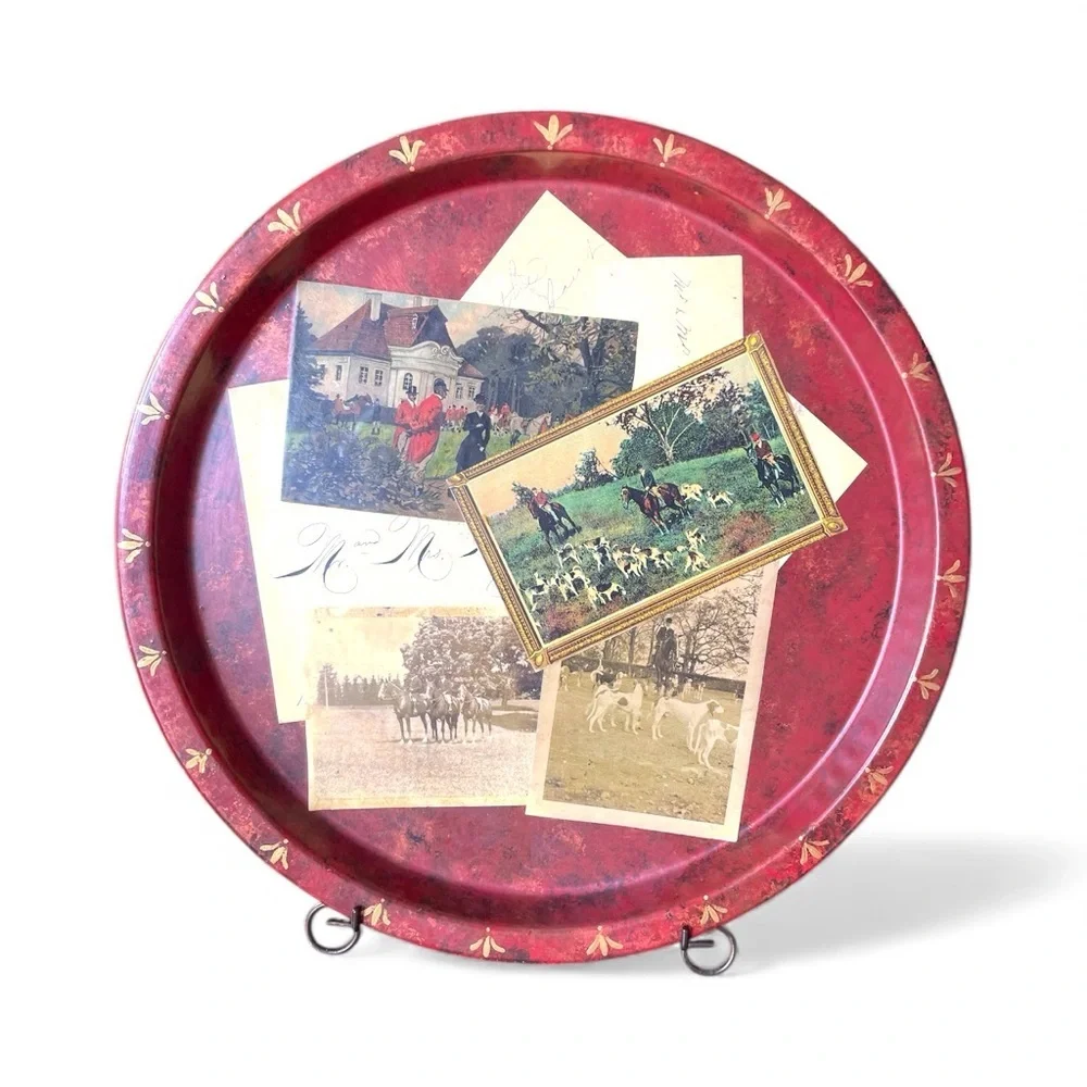 Vintage tole metal serving tray, hunting scenes, 1950-1960, hand painted